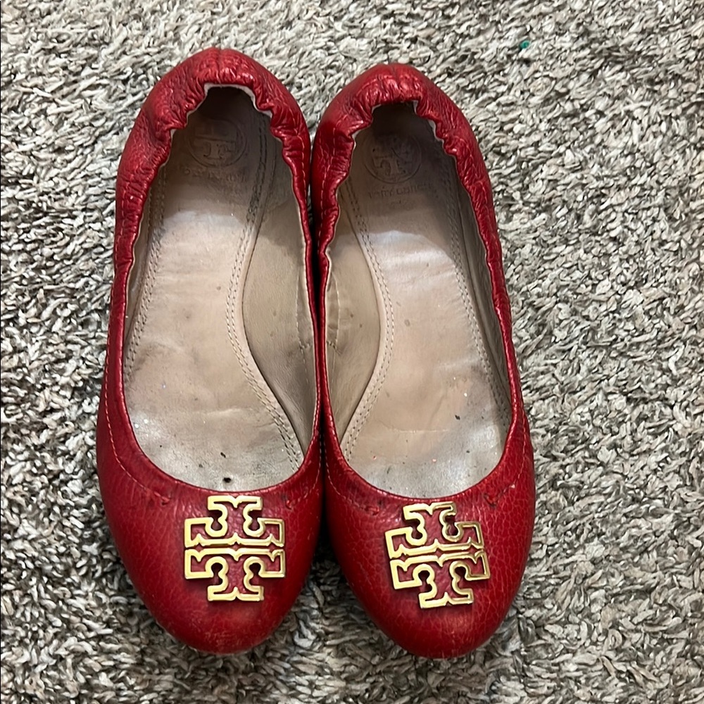 Tory Burch Red Leather Flats with Gold Logo